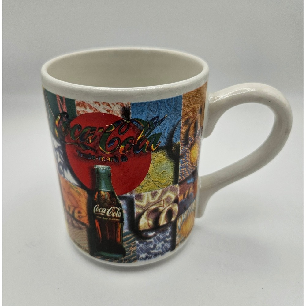 Coca-Cola Gibson Housewares 1997 Patchwork Collage Ceramic Coffee Mug Vintage